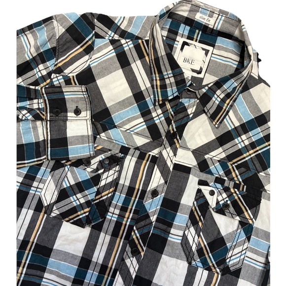 BKE Button Up Shirt Men's XL  Blue Black Check Slim Fit Roll Tab Sleeve Pockets - Picture 1 of 11